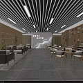 Modern Lounge Area with wooden bookshelves sofas tables chairs green plants and striped ceiling