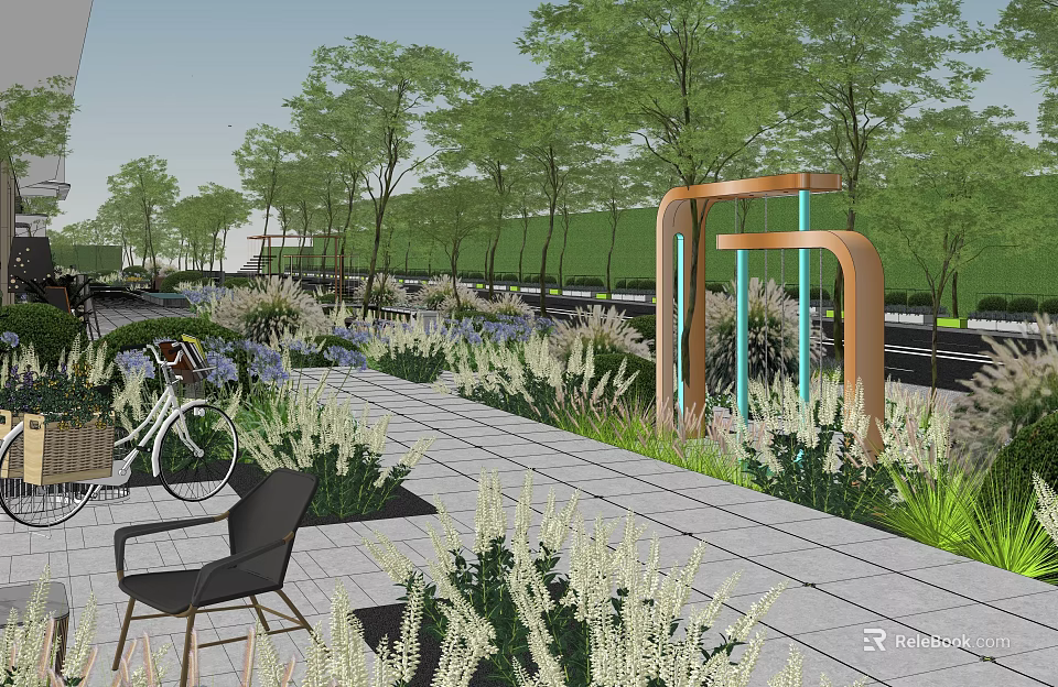 Garden Landscape Design With Trees Pathway Chairs Bicycle And Arched Structure 3d model 