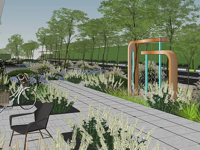 Garden Landscape Design With Trees Pathway Chairs Bicycle And Arched Structure 3d model