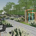 Garden Landscape Design With Trees Pathway Chairs Bicycle And Arched Structure