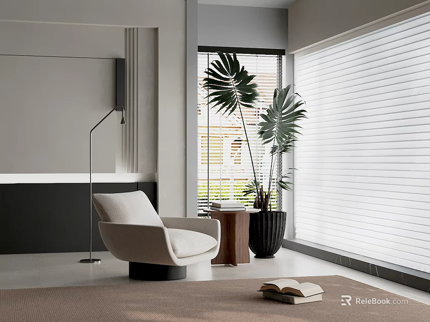 Modern Light Colored Accent Chair With Floor Lamp Side Table And Greenery In Bright Interior 3d model 