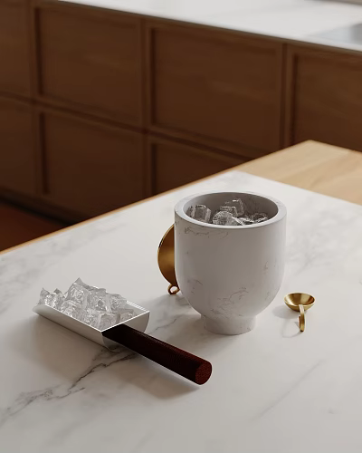 Decorative Ornament Set With White Marble Cup Metal Scoop And Golden Accents For Home Countertop 3d model