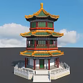 Traditional Ancient Chinese Tower With Yellow Roof Green Windows Red Pillars And White Base