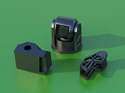 Black Mechanical Parts On Green Background With Block And Hollow Structures 3d model
