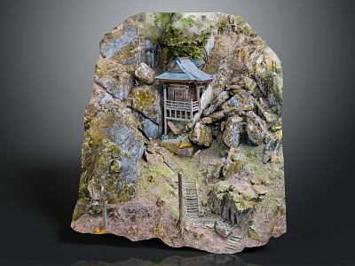 Cartoon Scene of Japanese Style Hut on Rock with Moss Stone Stairs and Trees 3d model