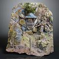Cartoon Scene of Japanese Style Hut on Rock with Moss Stone Stairs and Trees