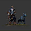 Red And Blue Armored Warrior With Horned Blue Creature On Mossy Green Platform