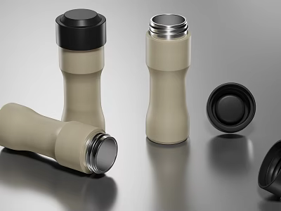 Modern Beige Insulated Cup Set With Black Detachable Lids And Stainless Steel Trim 3d model