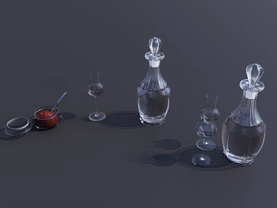 Transparent Kitchen Condiment Bottles With Red Sauce Bowl Spoon And Small Glasses On Dark Background 3d model