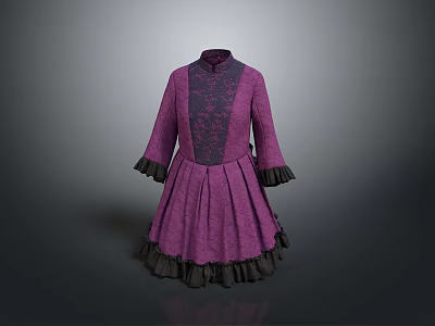 Purple Vintage Style Dress With High Collar Ruffled Sleeves Hem And Lace Details 3d model