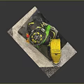 Firefighter Statue Wearing Uniform With Reflective Stripes And Yellow Fire Hose Reel On Base
