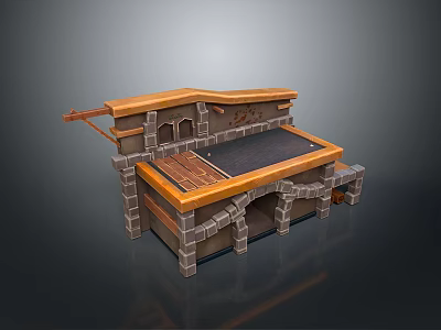 Rustic Dining Table With Stone Masonry Base Wooden Top And Decorative Overhang 3d model