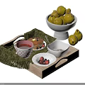 Delicious Breakfast Food on Wooden Tray with Green Cloth Pancakes Strawberries Tea and Green Pears