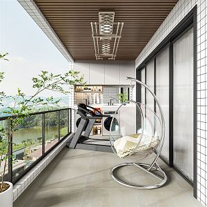 Modern Balcony Home Balcony Leisure Terrace Hanging Chair Treadmill Washing Machine Balcony Equipment Balcony Green Plant Ornaments 3d model