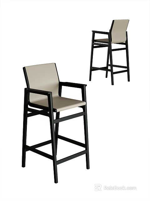 Modern Black Frame Bar Stools With Beige Upholstered Seat And Armrests 3d model