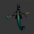 Enchanted Mermaid Fantasy Game Character With Horns Glowing Staff And Blue Green Tail