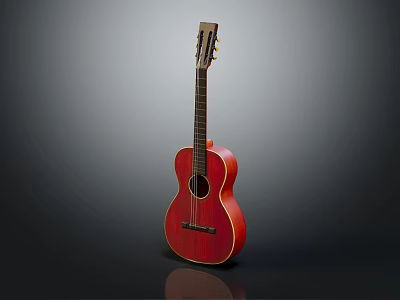 Red Acoustic Guitar with Glossy Wooden Body and Neck on Dark Background with Reflection 3d model