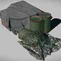 Wooden Crate Covered With Gray Cloth And Green Barrels With Tipped Barrel And Netting