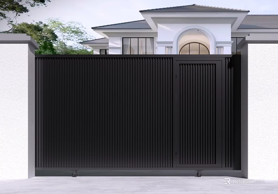 Modern Black Metal Gate with Vertical Slats Design for House Exterior and White Pillars 3d model 