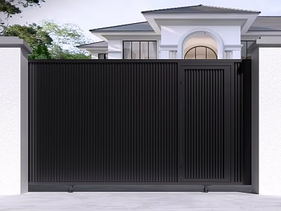 Modern Black Metal Gate with Vertical Slats Design for House Exterior and White Pillars 3d model