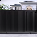 Modern Black Metal Gate with Vertical Slats Design for House Exterior and White Pillars