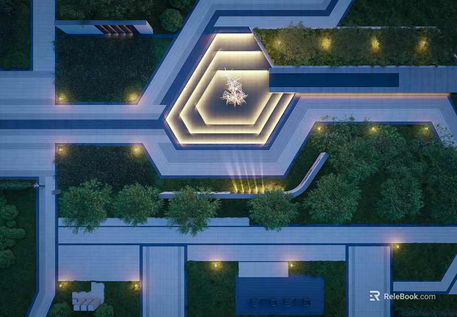 Aerial View Garden Landscape with Geometric Design Central Illuminated Feature and Greenery Paths 3d model 