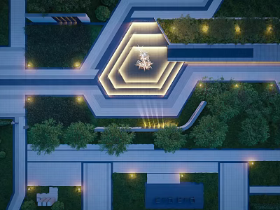 Aerial View Garden Landscape with Geometric Design Central Illuminated Feature and Greenery Paths 3d model