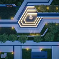Aerial View Garden Landscape with Geometric Design Central Illuminated Feature and Greenery Paths