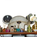 Perfume Cosmetics Collection On Metal Tray With Aromatic Bottles Reed Diffusers Candles And White Rose