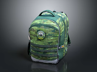Green Camouflage Backpack With Practical Design Multiple Pockets And Badge For Daily Outdoor Use 3d model
