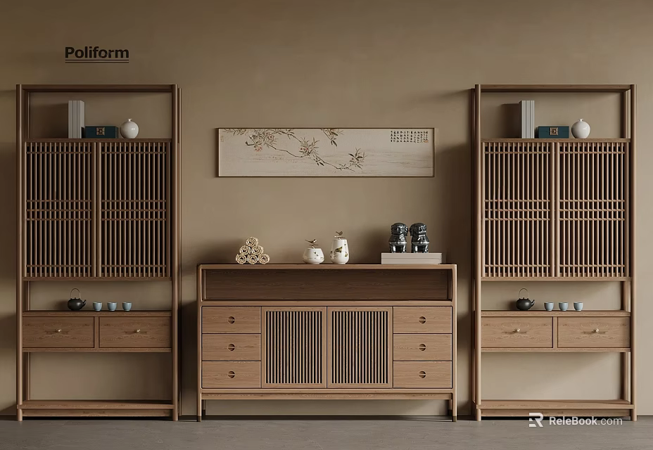 Minimalist Chinese Wooden Display Shelf With Cabinet Drawers Decorative Items On Beige Wall 3d model 