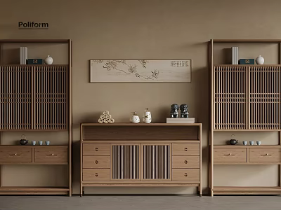 Minimalist Chinese Wooden Display Shelf With Cabinet Drawers Decorative Items On Beige Wall 3d model