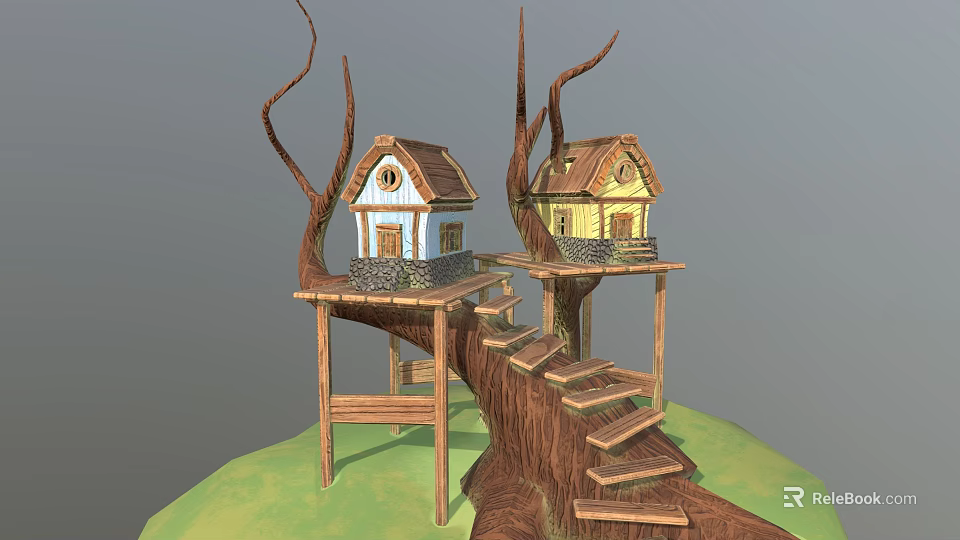 Two Small Tree Houses with Wooden Stairs Platform and Blue Yellow Exteriors 3d model 