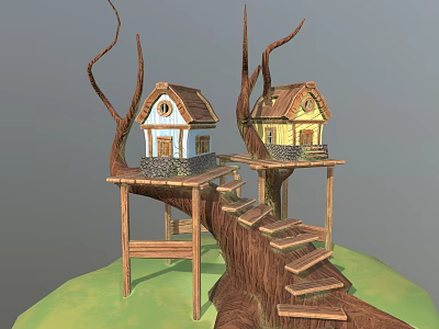Two Small Tree Houses with Wooden Stairs Platform and Blue Yellow Exteriors 3d model