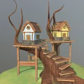 Two Small Tree Houses with Wooden Stairs Platform and Blue Yellow Exteriors