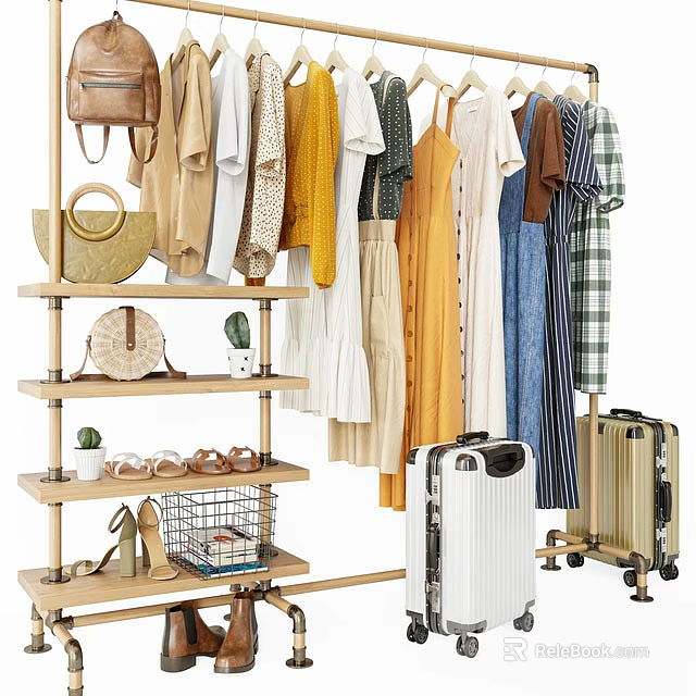 Multi Tiered Garment Rack With Dresses Shirts Bags Shoes And Luggage 3d model 