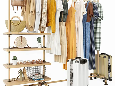 Multi Tiered Garment Rack With Dresses Shirts Bags Shoes And Luggage 3d model