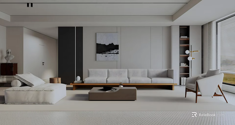 Modern Living Room Interior Design With Gray Sofa Wooden Coffee Table And Wall Art Painting 3d model 