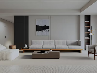 Modern Living Room Interior Design With Gray Sofa Wooden Coffee Table And Wall Art Painting 3d model