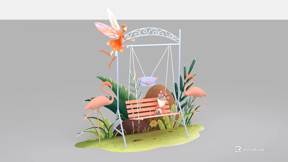 Enchanting Photo Spot with Fairy Swing Flamingos and Lush Green Plants 3d model