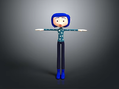 Game Film Character With Blue Hair Green Star Top Dark Pants Blue Shoes Arms Outstretched 3d model