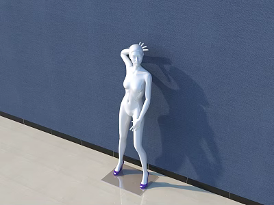 White Human Sculpture With Blue Wall Background Light Colored Floor And Purple Shoes 3d model