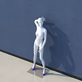 White Human Sculpture With Blue Wall Background Light Colored Floor And Purple Shoes