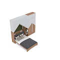 Kids Bed with Green Padded House Shaped Headboard Wooden Wardrobe White Panels Bookshelf Decorations