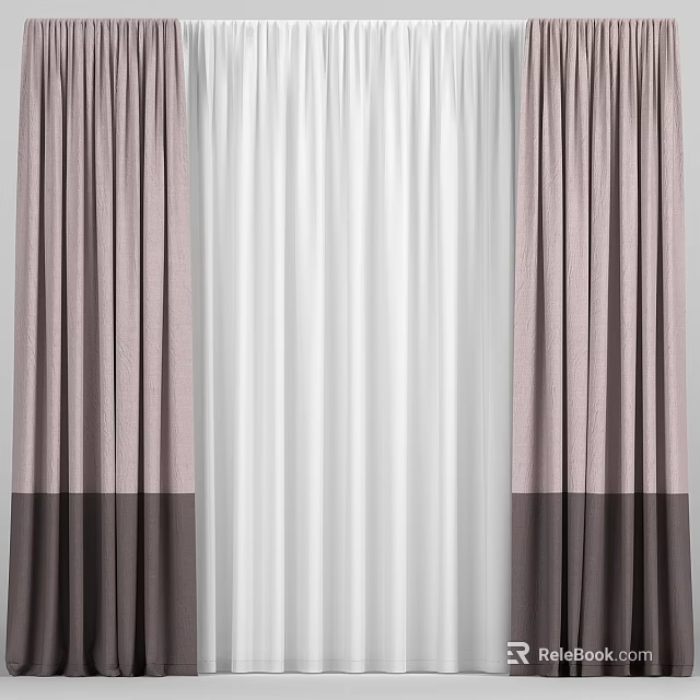 Two Tone Brown And White Curtains With Sheer Panel For Window Decoration 3d model 