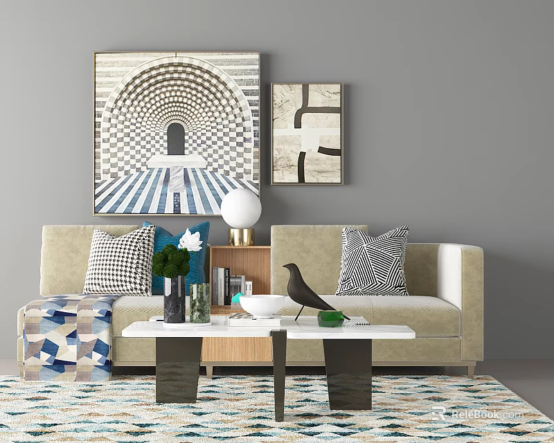 Beige Multi Person Sofa With Patterned Pillows Coffee Table Wall Art And Geometric Rug 3d model