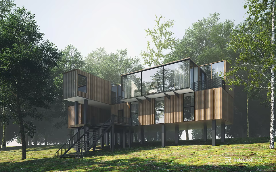 Modern Detached Villa Design With Large Glass Windows And Wooden Structure Surrounded By Forest 3d model 