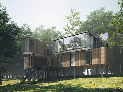 Modern Detached Villa Design With Large Glass Windows And Wooden Structure Surrounded By Forest 3d model