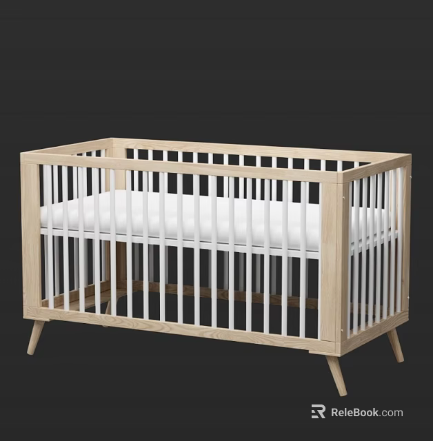 Baby Crib With Light Colored Wooden Frame White Rails And White Mattress 3d model 