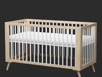 Baby Crib With Light Colored Wooden Frame White Rails And White Mattress 3d model